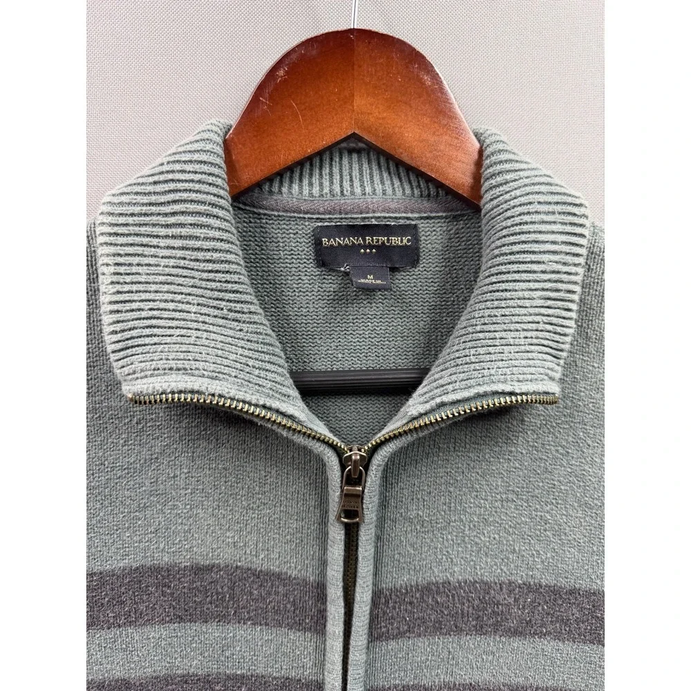 Banana‎ Republic Full Zip Sweater Mens Green Striped Mock Neck M